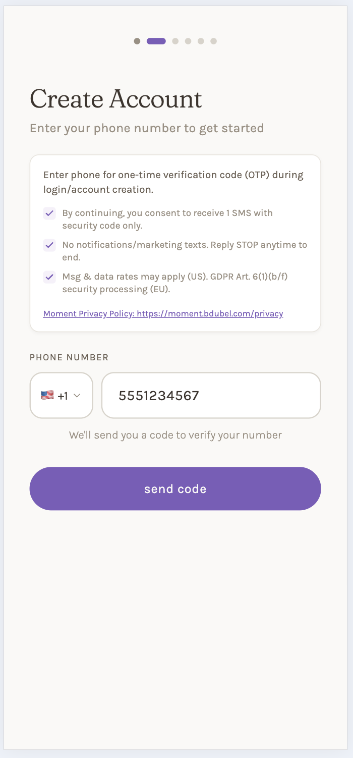 Phone number input screen with SMS consent disclosure